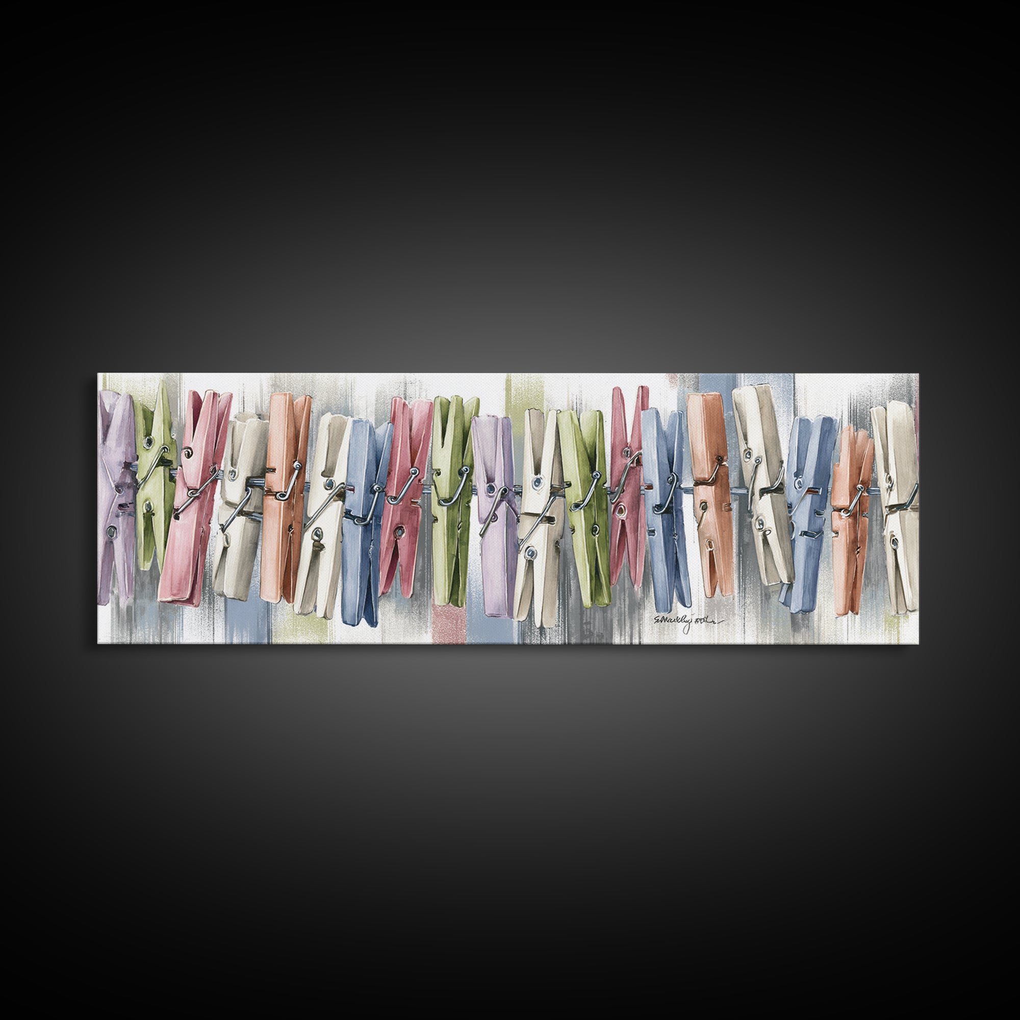 Cheerful Clothespins Arranged as Pattern Canvas Print, Laundry Room Art, Oil Painting, Living Room Decor, Clean, LRA-3x1-92