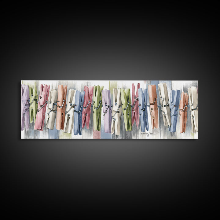 Cheerful Clothespins Arranged as Pattern Canvas Print, Laundry Room Art, Oil Painting, Living Room Decor, Clean, LRA-3x1-92
