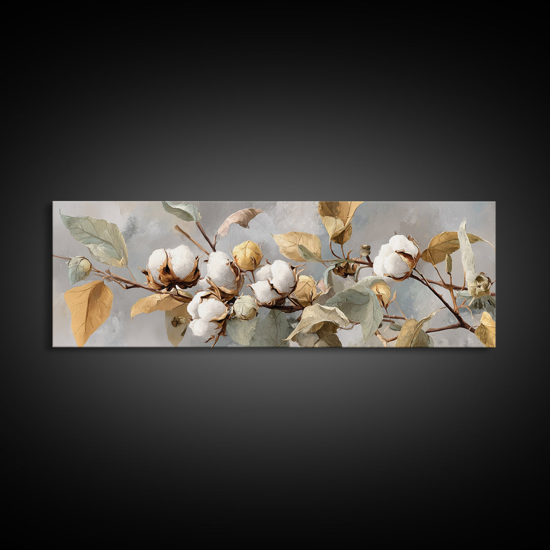 Fresh Cotton Branch Botanical Study Canvas Print, Laundry Room Art, Textured Painting, Living Room Decor, Fine Art, Clean, LRA-3x1-95