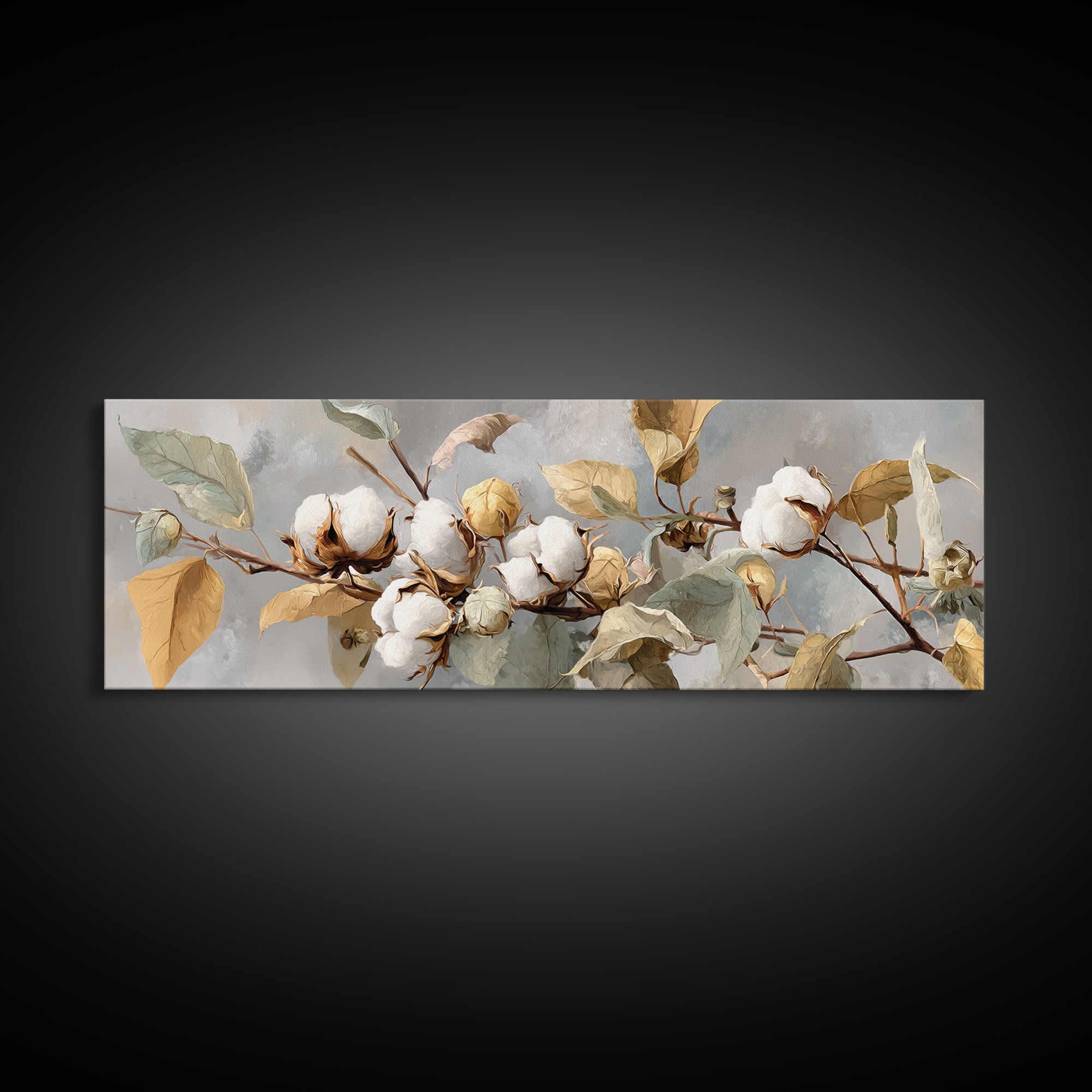 Fresh Cotton Branch Botanical Study Canvas Print, Laundry Room Art, Textured Painting, Living Room Decor, Fine Art, Clean, LRA-3x1-95