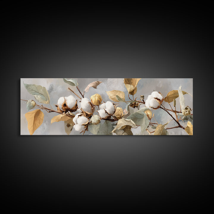 Fresh Cotton Branch Botanical Study Canvas Print, Laundry Room Art, Textured Painting, Living Room Decor, Fine Art, Clean, LRA-3x1-95