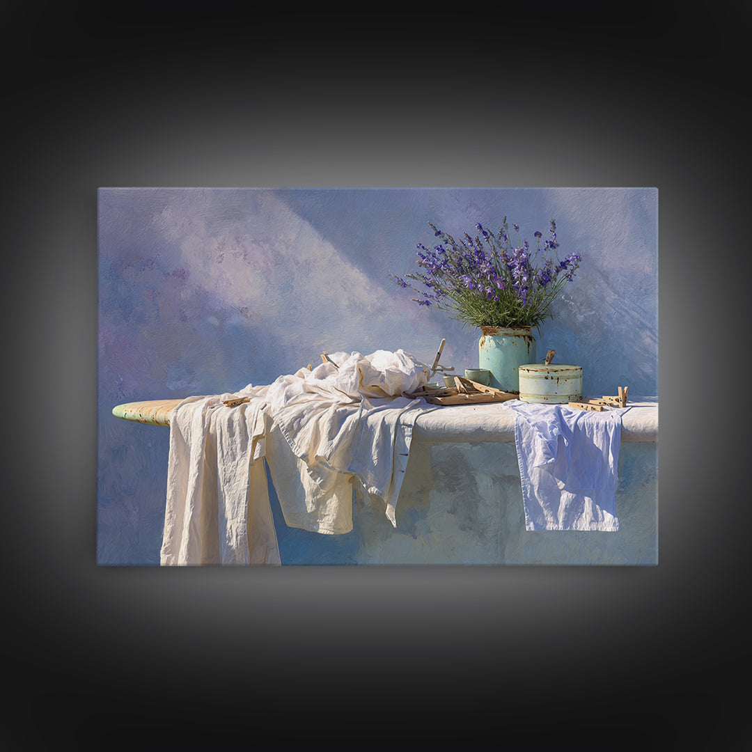 Ironing Board Still Life Framed Canvas Print, Laundry Room Art, Fine Art Print, Living Room Decor, Watercolor Art, Clean, LRA-3x2-100