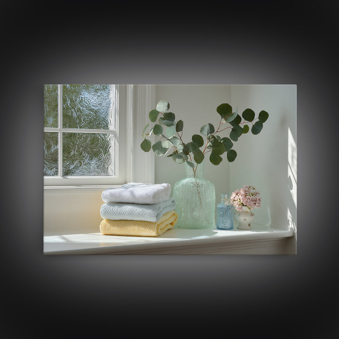 Sunlit White Towels and Eucalyptus Branch Framed Canvas Print, Laundry Room Art, New Home Gift, Living Room Decor, LRA-3x2-15