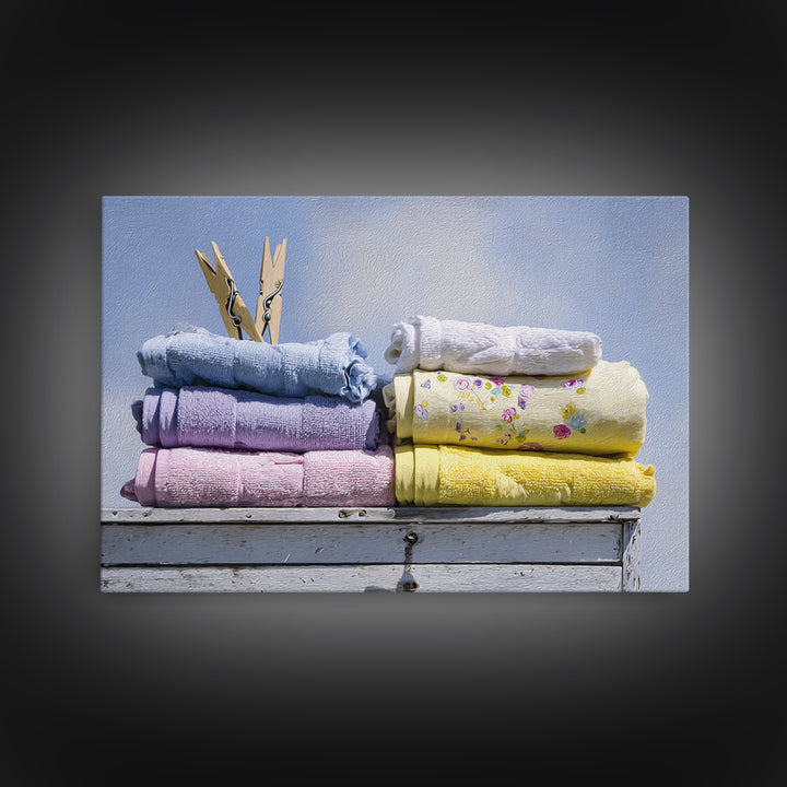 Basket of Folded Towels Framed Canvas Print, Laundry Room Art, Digital Print, Living Room Decor, Clean, Custom Wall Art, LRA-3x2-18