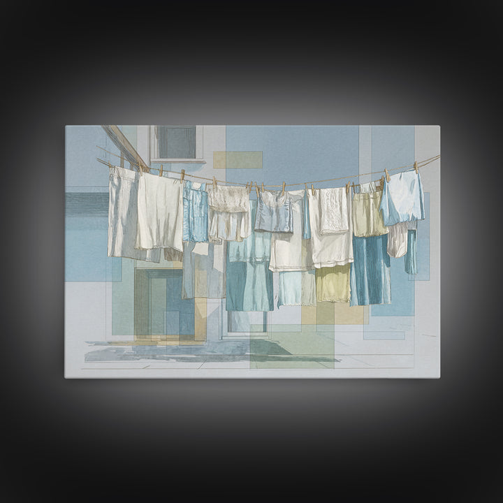Simple Line Drawing of Hanging Laundry Framed Canvas Print, Laundry Room Art, Wall Art Print, Living Room Decor, Abstract Art, LRA-3x2-20