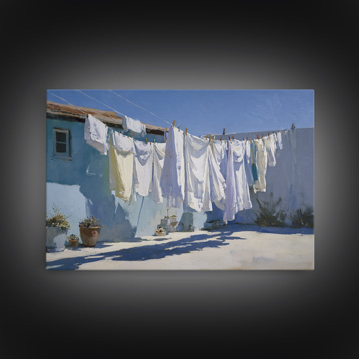 Clothesline with White Linens Blowing in Sunshine Canvas Print, Laundry Room Art, Gallery Wall Prints, Living Room Decor, Clean, LRA-3x2-29