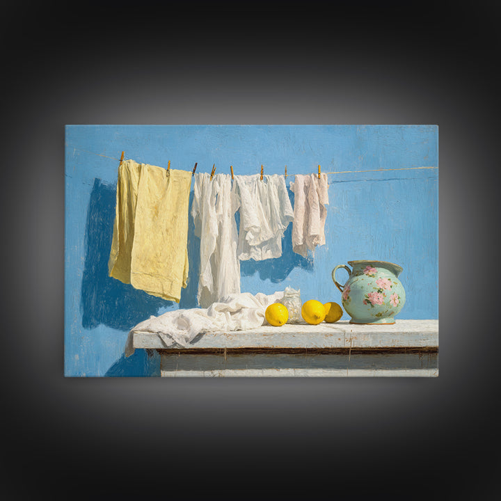 Lemon and Clean Linen Still Life Framed Canvas Print, Laundry Room Art, Living Room Decor, Abstract Art, Clean, LRA-3x2-31