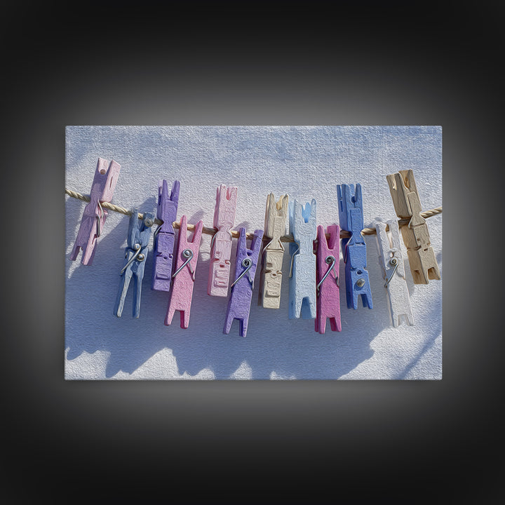 Cheerful Clothespins Arranged as Pattern Canvas Print, Laundry Room Art, Farmhouse Wall Decor, Living Room Decor, Clean, LRA-3x2-32