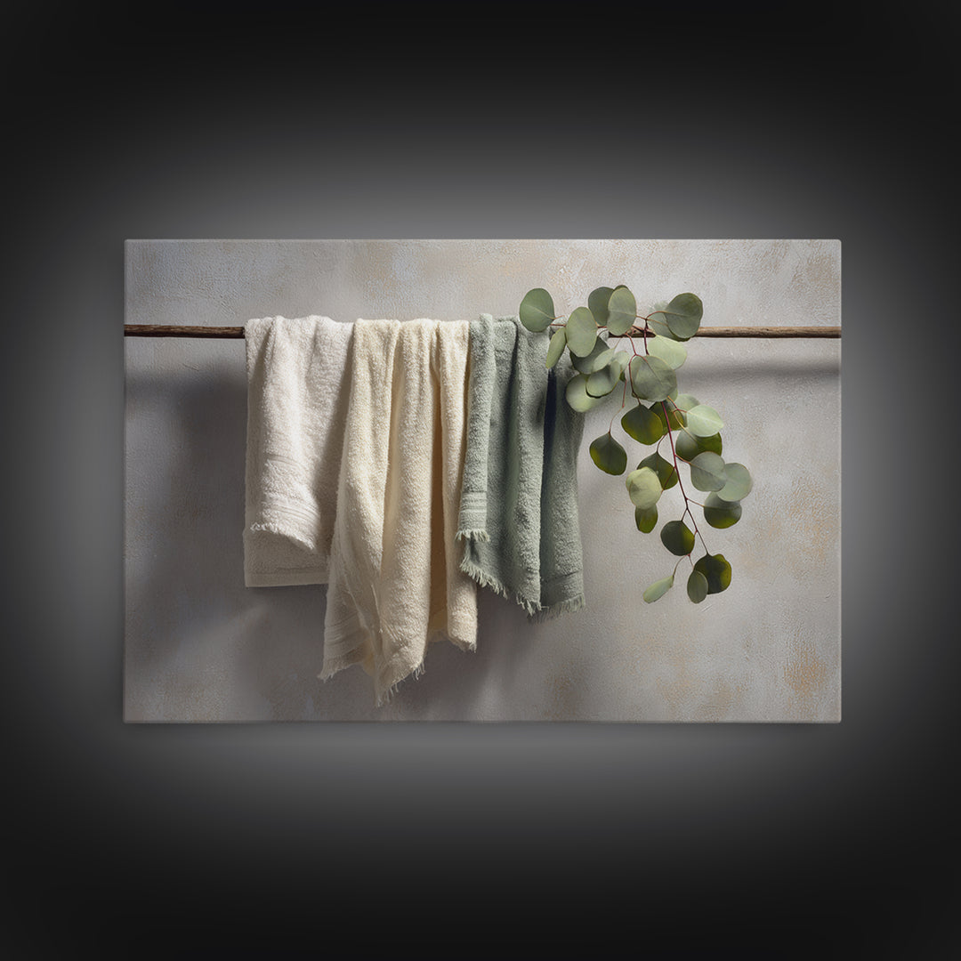 Sunlit White Towels and Eucalyptus Branch Framed Canvas Print, Laundry Room Art, Neutral Decor, Living Room Decor, LRA-3x2-39
