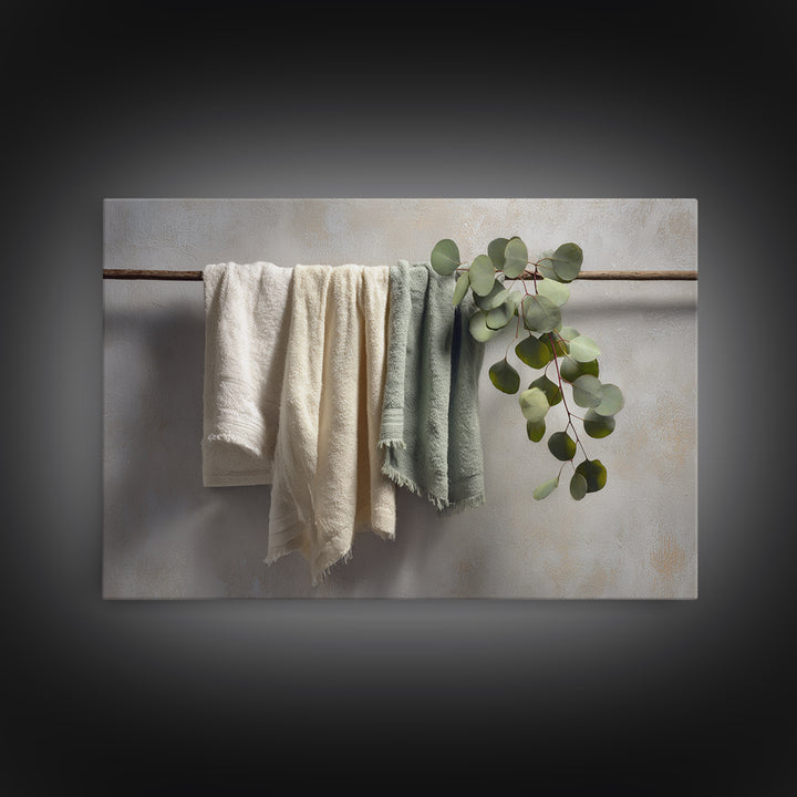 Sunlit White Towels and Eucalyptus Branch Framed Canvas Print, Laundry Room Art, Neutral Decor, Living Room Decor, LRA-3x2-39