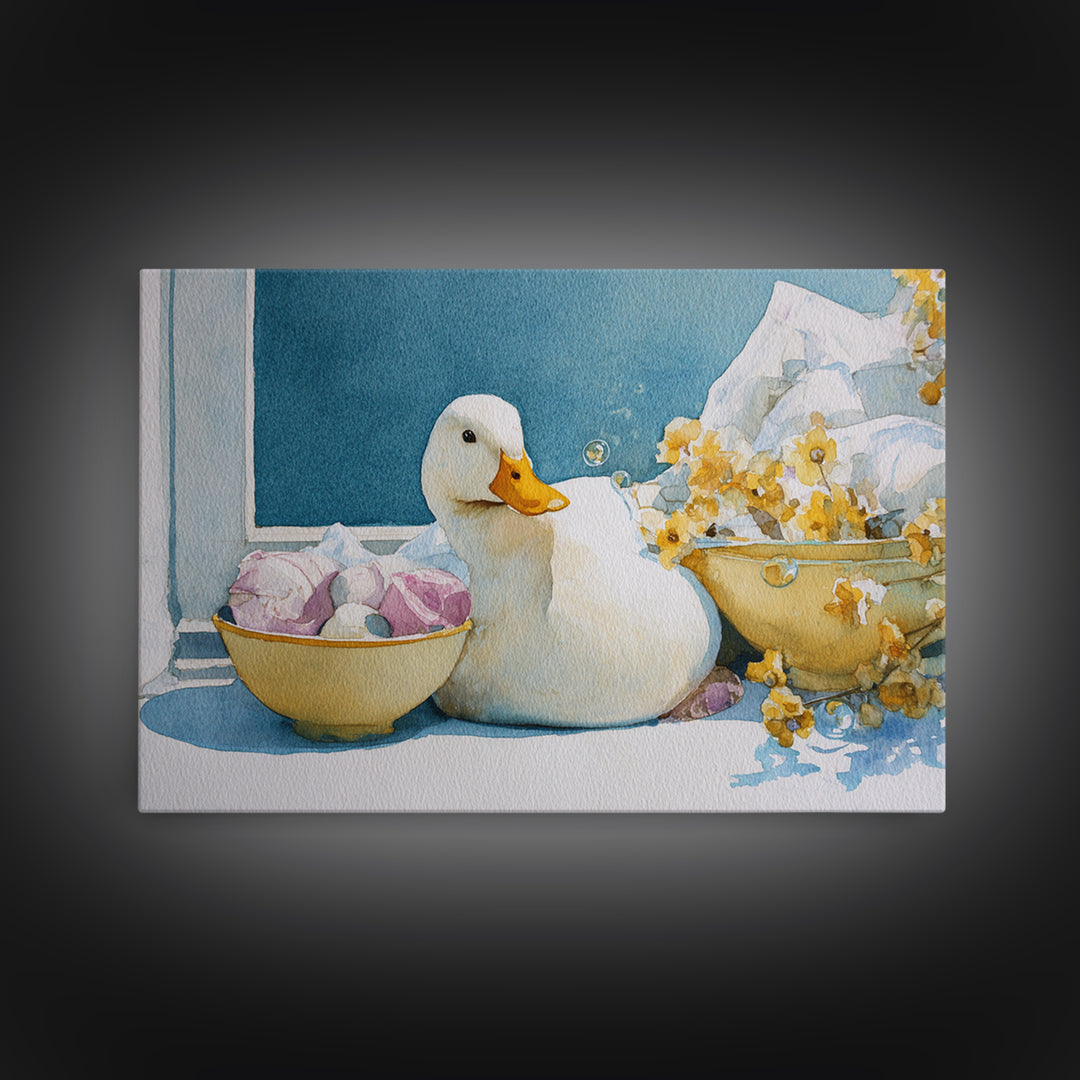 Duck and Bubbles Whimsical Watercolor Canvas Print, Laundry Room Art, Digital Art Print, Living Room Decor, Abstract Art, Clean, LRA-3x2-43