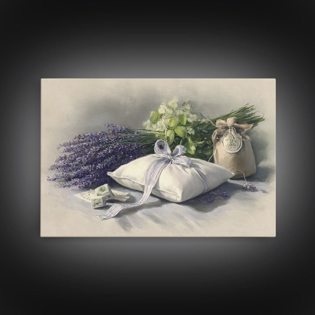 Lavender Sachet and Ribbon Still Life Framed Canvas Print, Laundry Room Art, Downloadable Art, Living Room Decor, Clean, LRA-3x2-45