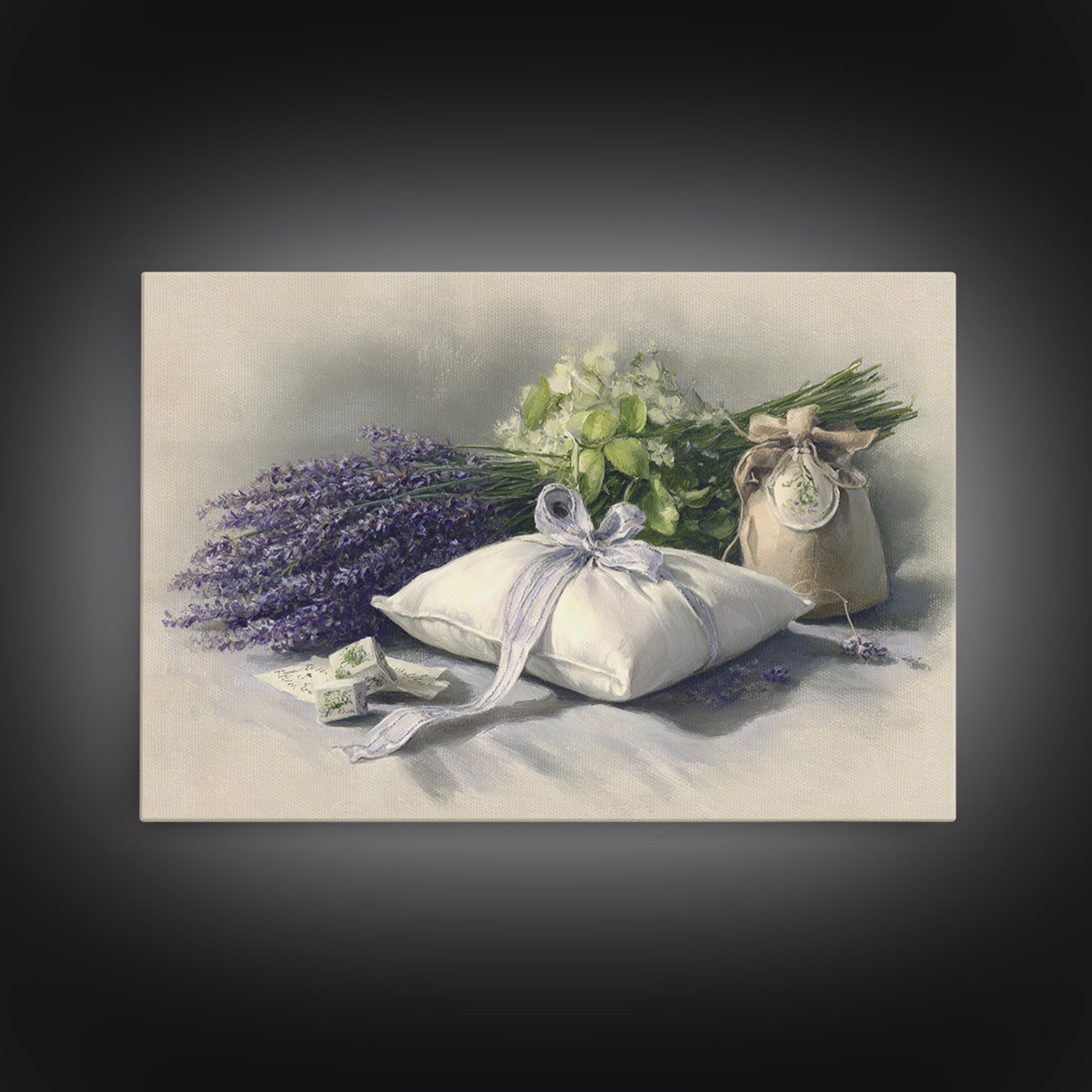 Lavender Sachet and Ribbon Still Life Framed Canvas Print, Laundry Room Art, Downloadable Art, Living Room Decor, Clean, LRA-3x2-45