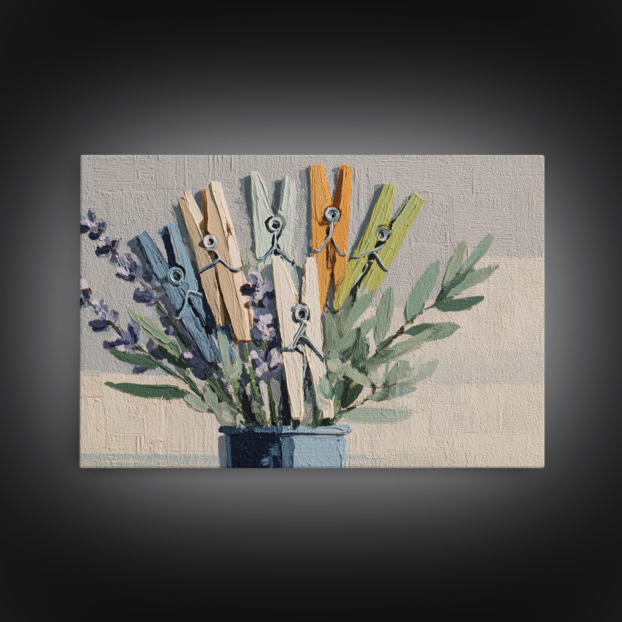 Clothespin Bouquet in Folk Art Style Canvas Print, Laundry Room Art, Farmhouse Wall Art, Living Room Decor, Fine Art, Clean, LRA-3x2-48