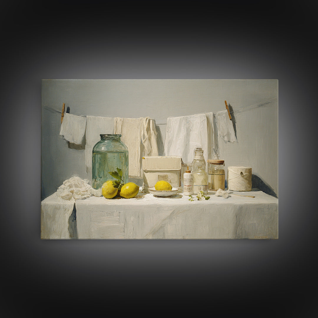 Lemon and Clean Linen Still Life Framed Canvas Print, Laundry Room Art, Digital Art, Living Room Decor, Abstract Art, Clean, LRA-3x2-55