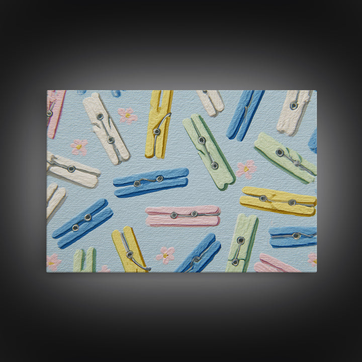 Cheerful Clothespins Arranged as Pattern Canvas Print, Laundry Room Art, Digital Art Print, Living Room Decor, Fine Art, Clean, LRA-3x2-56