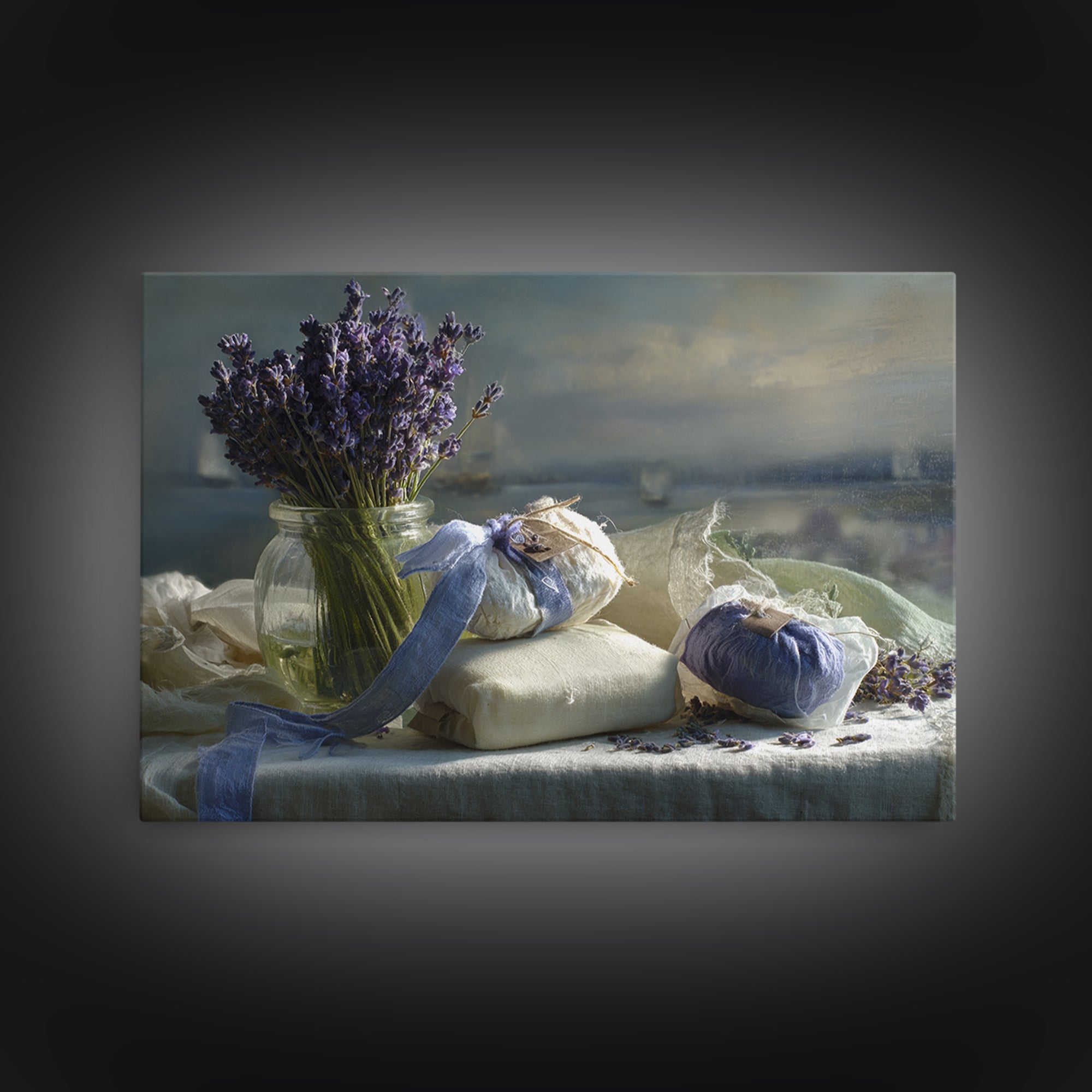 Lavender Sachet and Ribbon Still Life Framed Canvas Print, Laundry Room Art, Downloadable Art, Living Room Decor, Clean, LRA-3x2-69