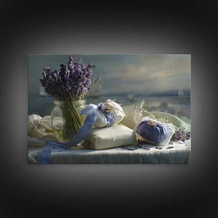 Lavender Sachet and Ribbon Still Life Framed Canvas Print, Laundry Room Art, Downloadable Art, Living Room Decor, Clean, LRA-3x2-69