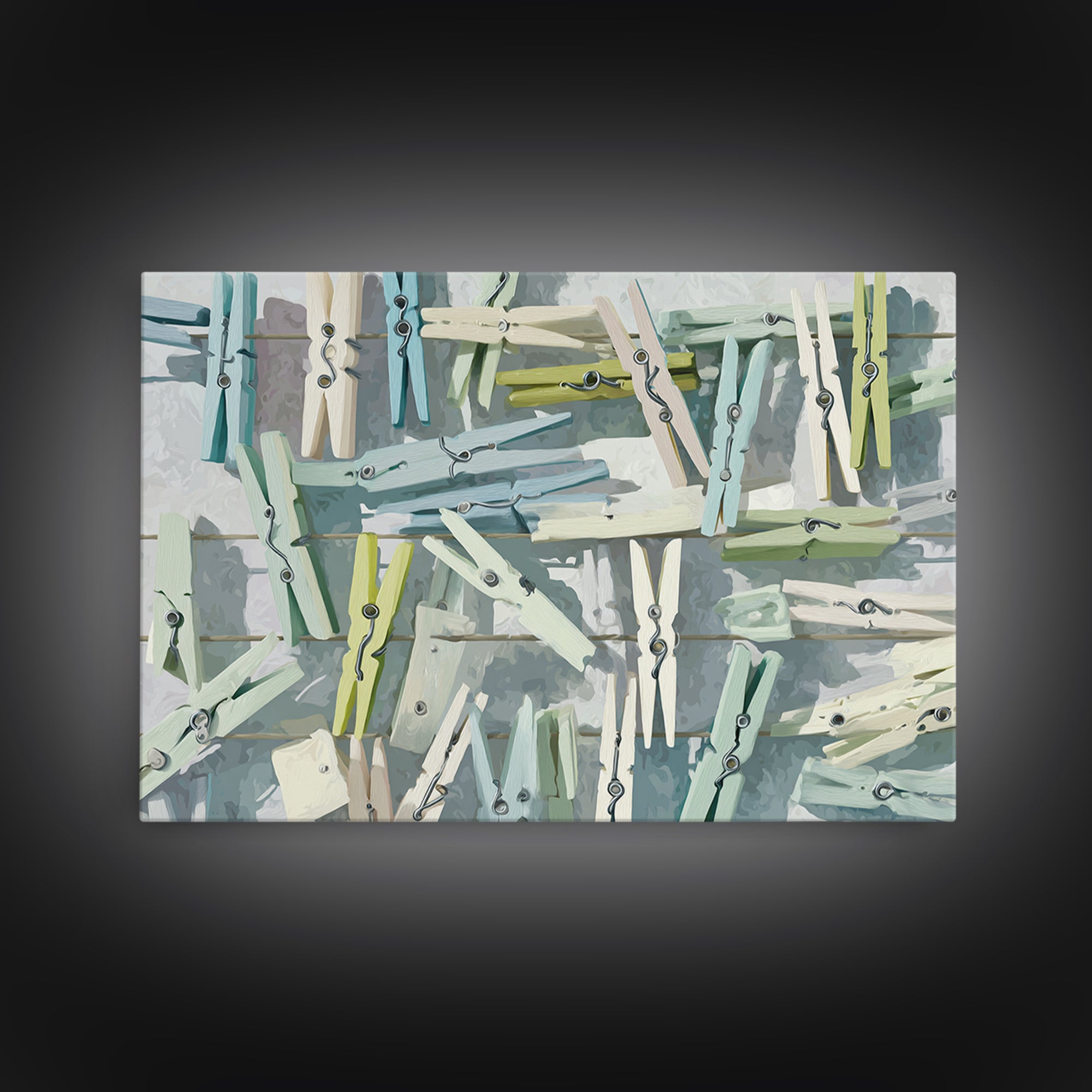 Cheerful Clothespins Arranged as Pattern Framed Canvas Print, Laundry Room Art, Farmhouse Decor, Living Room Decor, LRA-3x2-8