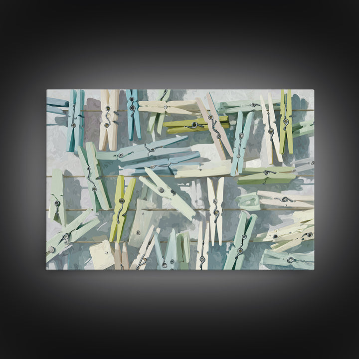 Cheerful Clothespins Arranged as Pattern Framed Canvas Print, Laundry Room Art, Farmhouse Decor, Living Room Decor, LRA-3x2-8