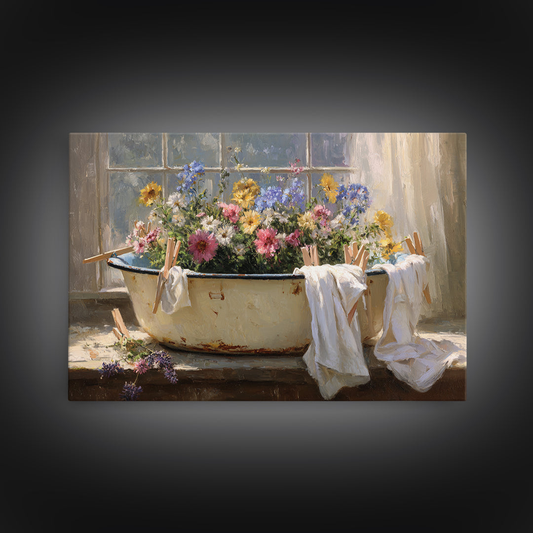 Old Enamel Basin Filled Canvas Print, Laundry Room Art, Boho Decor, Living Room Decor, Fine Art, Clean, Printable Wall Art, LRA-3x2-84