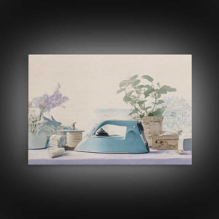 Retro Iron Illustration Framed Canvas Print, Laundry Room Art, Rustic Home Decor, Living Room Decor, Fine Art, Clean, LRA-3x2-85