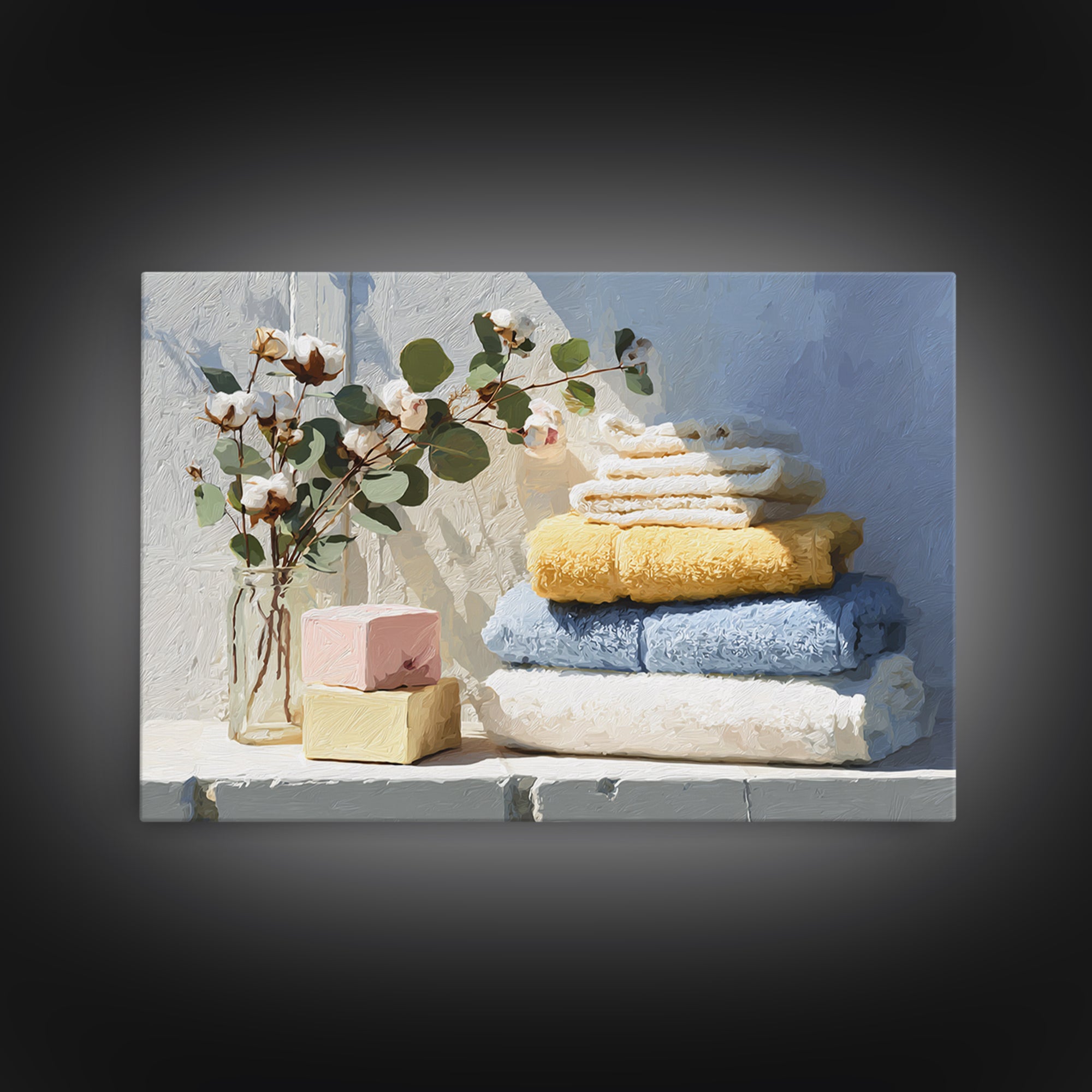 Sunlit White Towels and Eucalyptus Branch Framed Canvas Print, Laundry Room Art, Fine Art Print, Living Room Decor, Clean, LRA-3x2-87