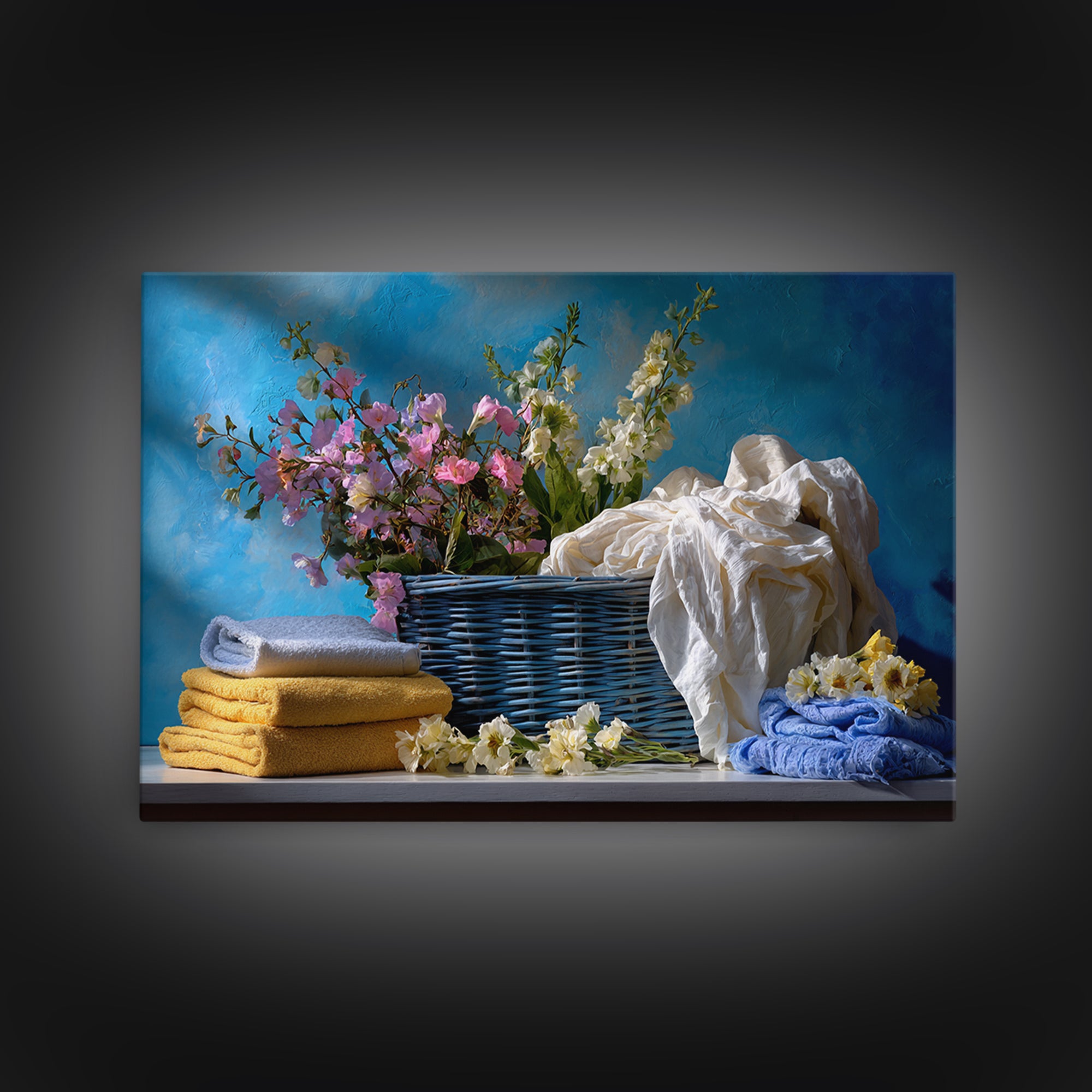Blue Laundry Basket Framed Canvas Print, Laundry Room Art, Wall Art Print, Living Room Decor, Oil Painting, Clean, LRA-3x2-9