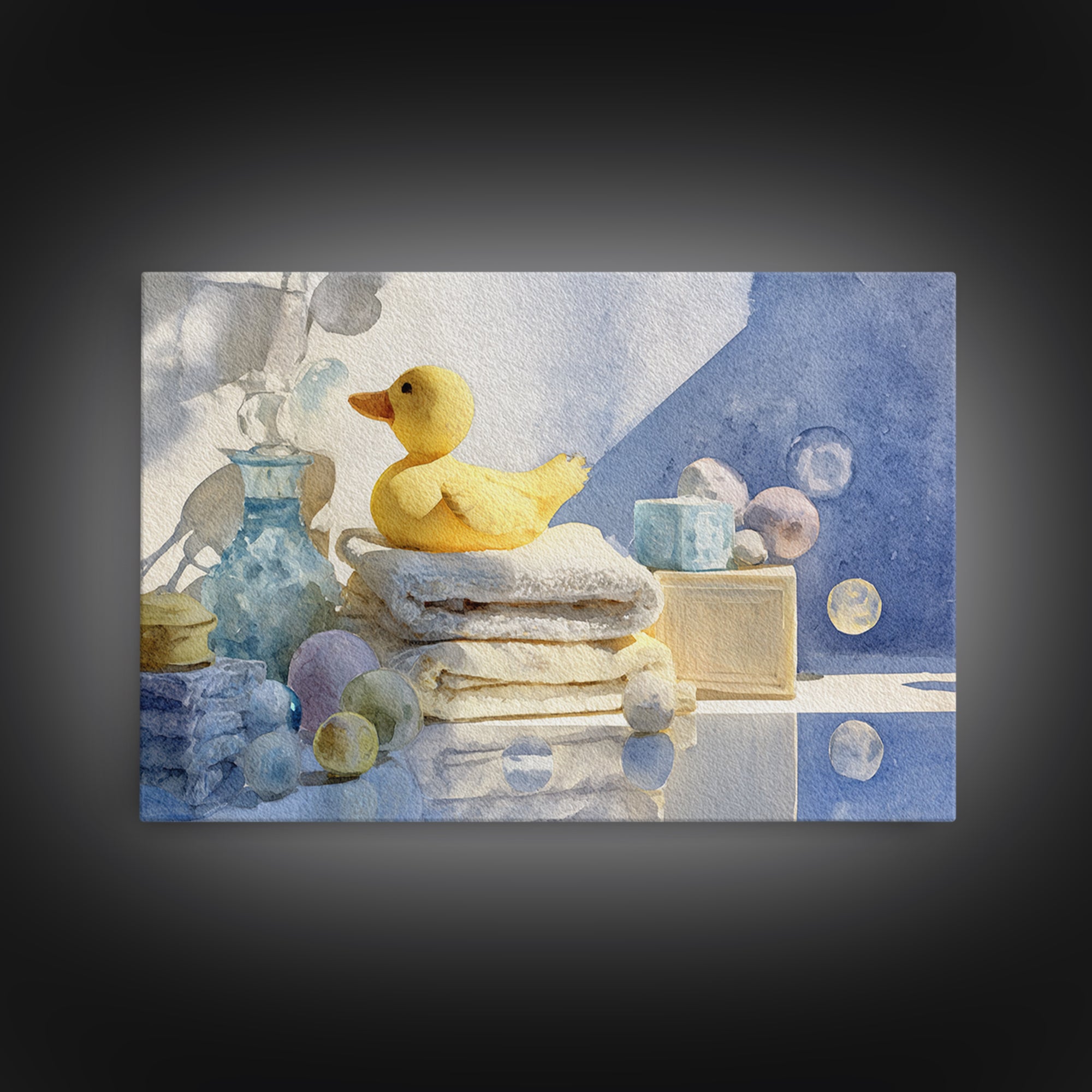 Duck and Bubbles Whimsical Watercolor Framed Canvas Print, Laundry Room Art, Painting, Living Room Decor, Oil Painting, Clean, LRA-3x2-91