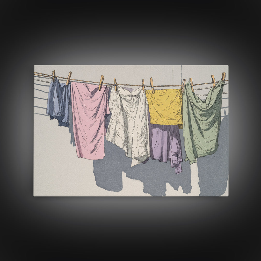 Simple Line Drawing of Hanging Laundry Framed Canvas Print, Laundry Room Art, Luxury Decor, Living Room Decor, Abstract Art, LRA-3x2-92