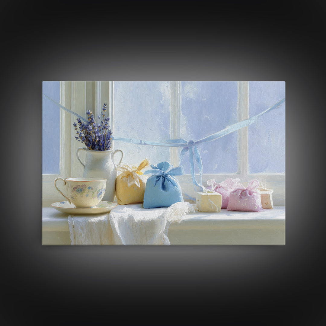 Lavender Sachet and Ribbon Still Life Canvas Print, Laundry Room Art, Digital Art Print, Living Room Decor, Fine Art, Clean, LRA-3x2-93