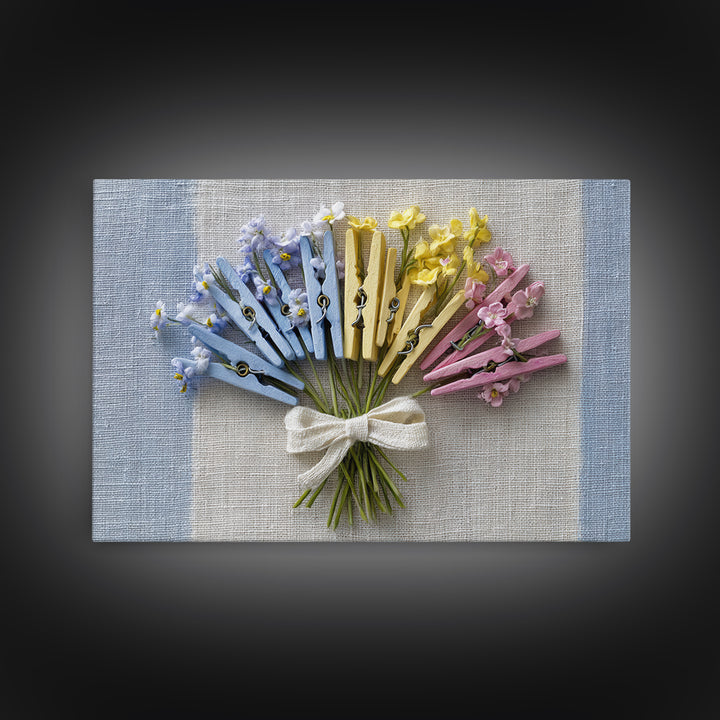 Clothespin Bouquet in Folk Art Style Framed Canvas Print, Laundry Room Art, Art Print, Living Room Decor, Fine Art, Clean, LRA-3x2-96