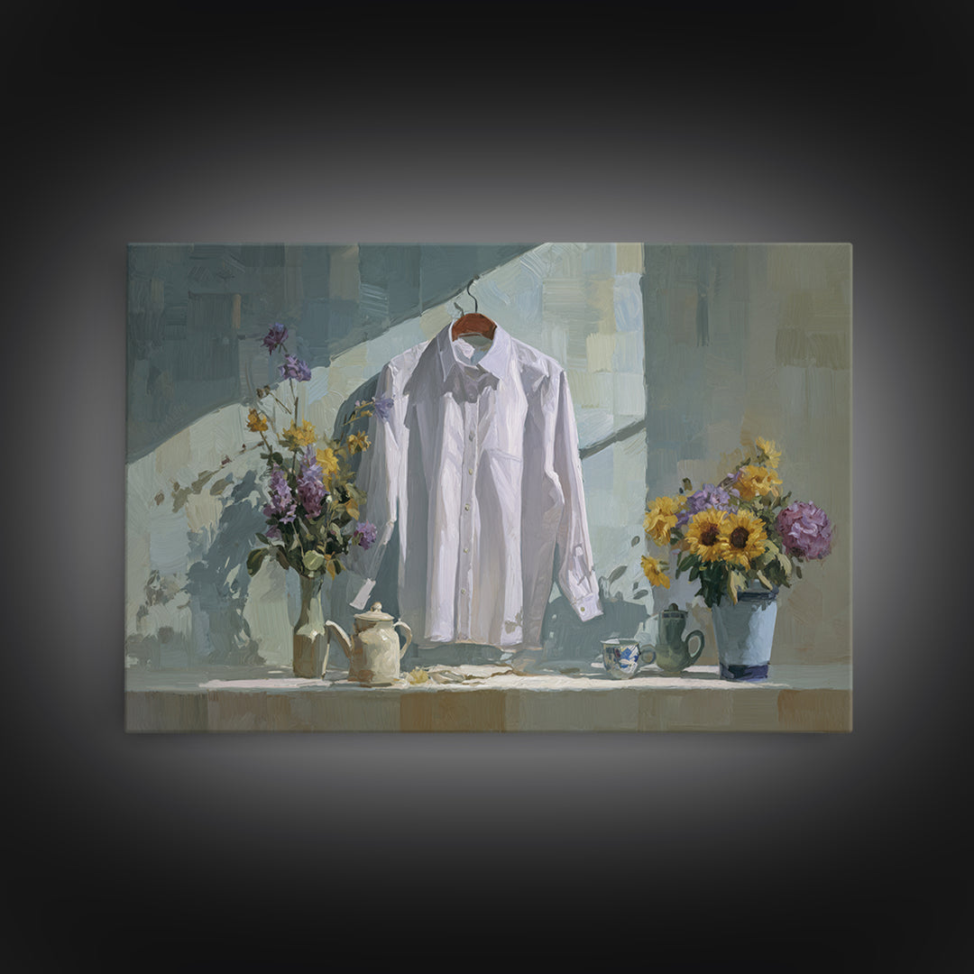 White Shirt on Hanger Framed Canvas Print, Laundry Room Art, Funny Poster, Living Room Decor, Watercolor Art, Clean, LRA-3x2-97