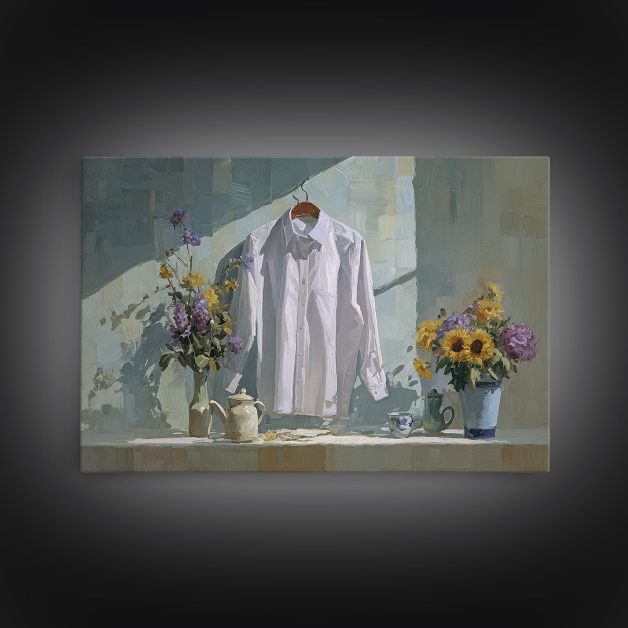 White Shirt on Hanger Framed Canvas Print, Laundry Room Art, Funny Poster, Living Room Decor, Watercolor Art, Clean, LRA-3x2-97
