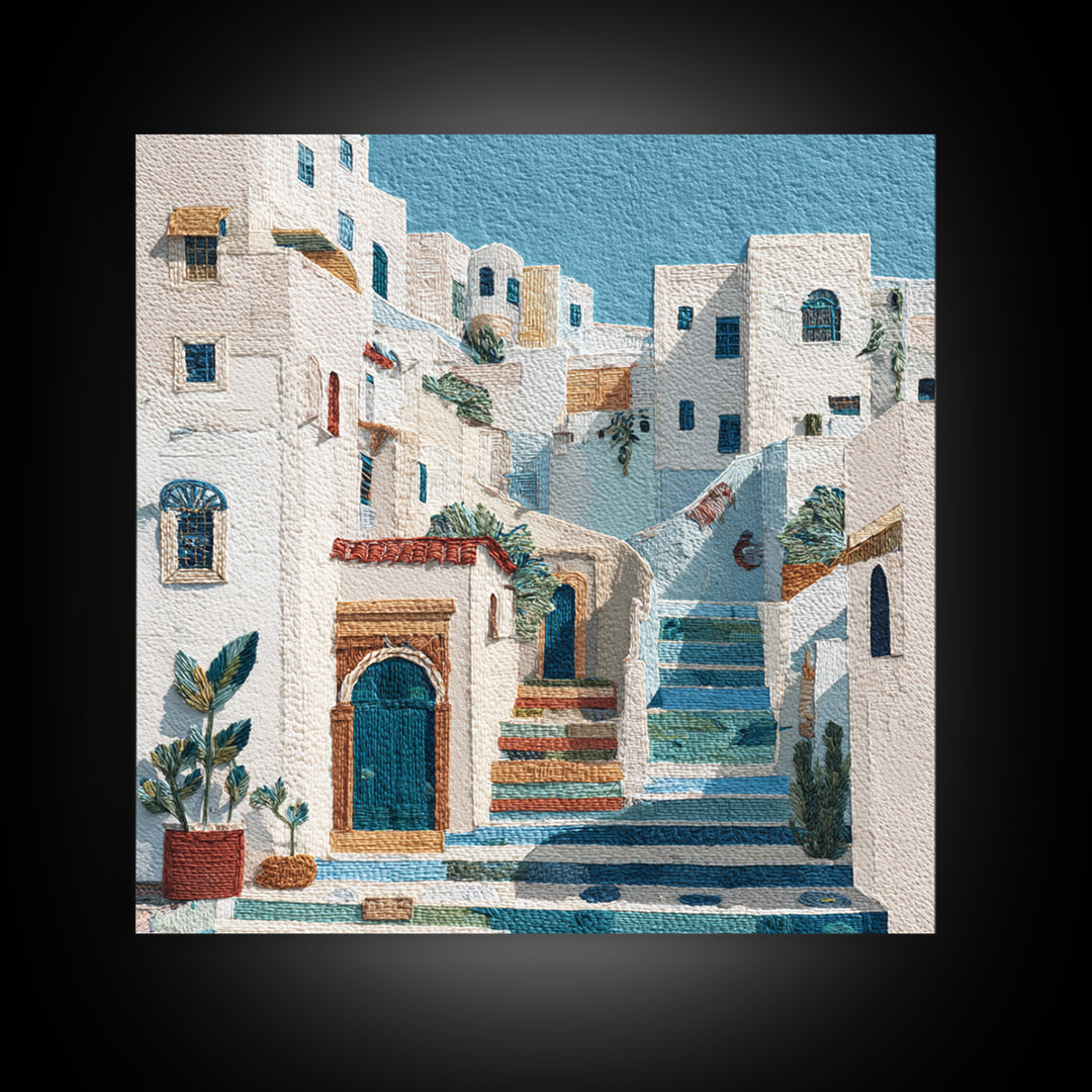 Greek Island White Buildings Above Blue Sea Framed Canvas Print, Mediterranean Art, Beach Wall Art, Living Room Decor, Azure, MAR-1x1-1