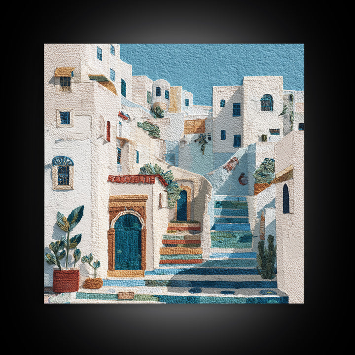 Greek Island White Buildings Above Blue Sea Framed Canvas Print, Mediterranean Art, Beach Wall Art, Living Room Decor, Azure, MAR-1x1-1