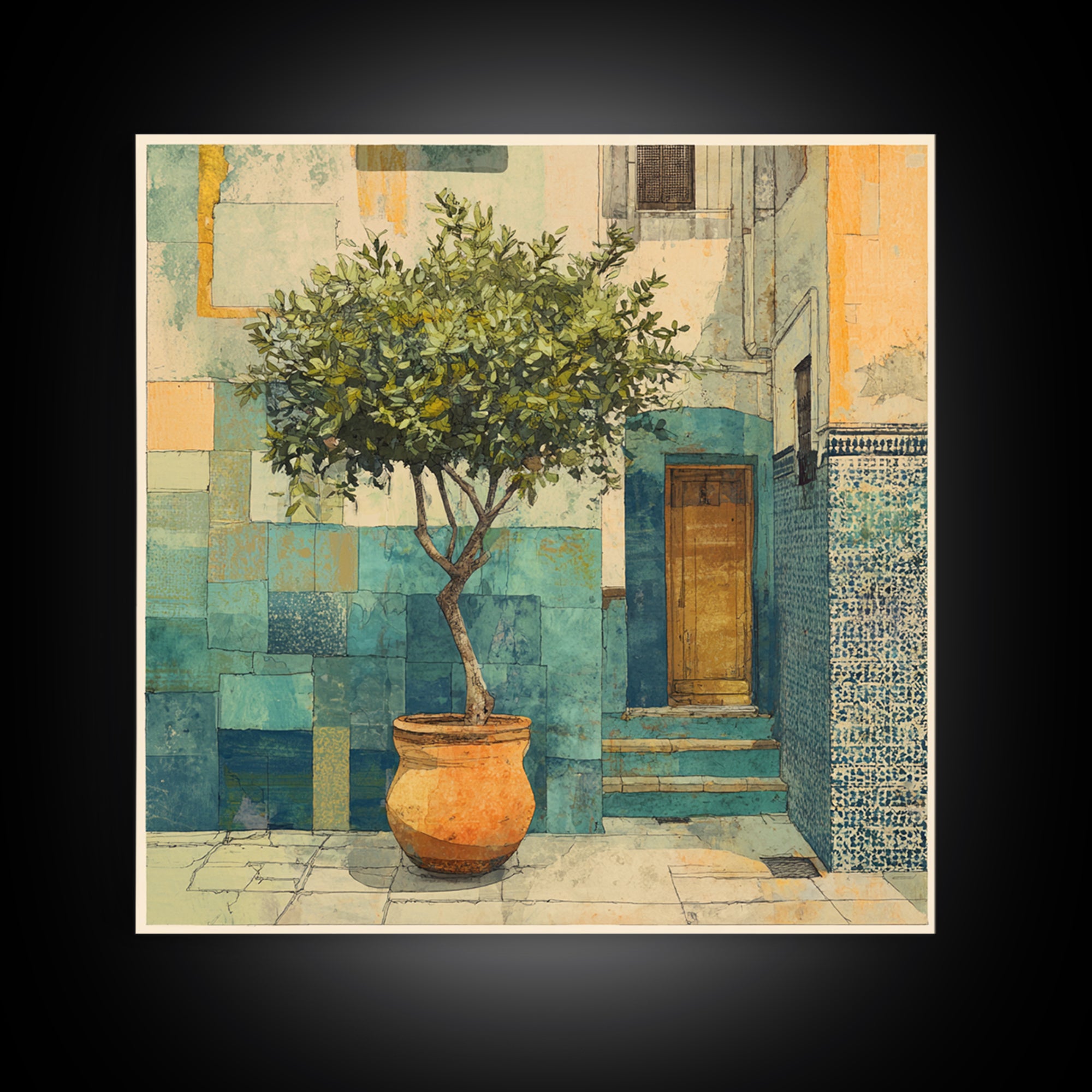 Citrus Tree in Clay Pot Canvas Print, Mediterranean Art, Coastal Wall Art, Living Room Decor, Fine Art, Azure, Living Room Art, MAR-1x1-10