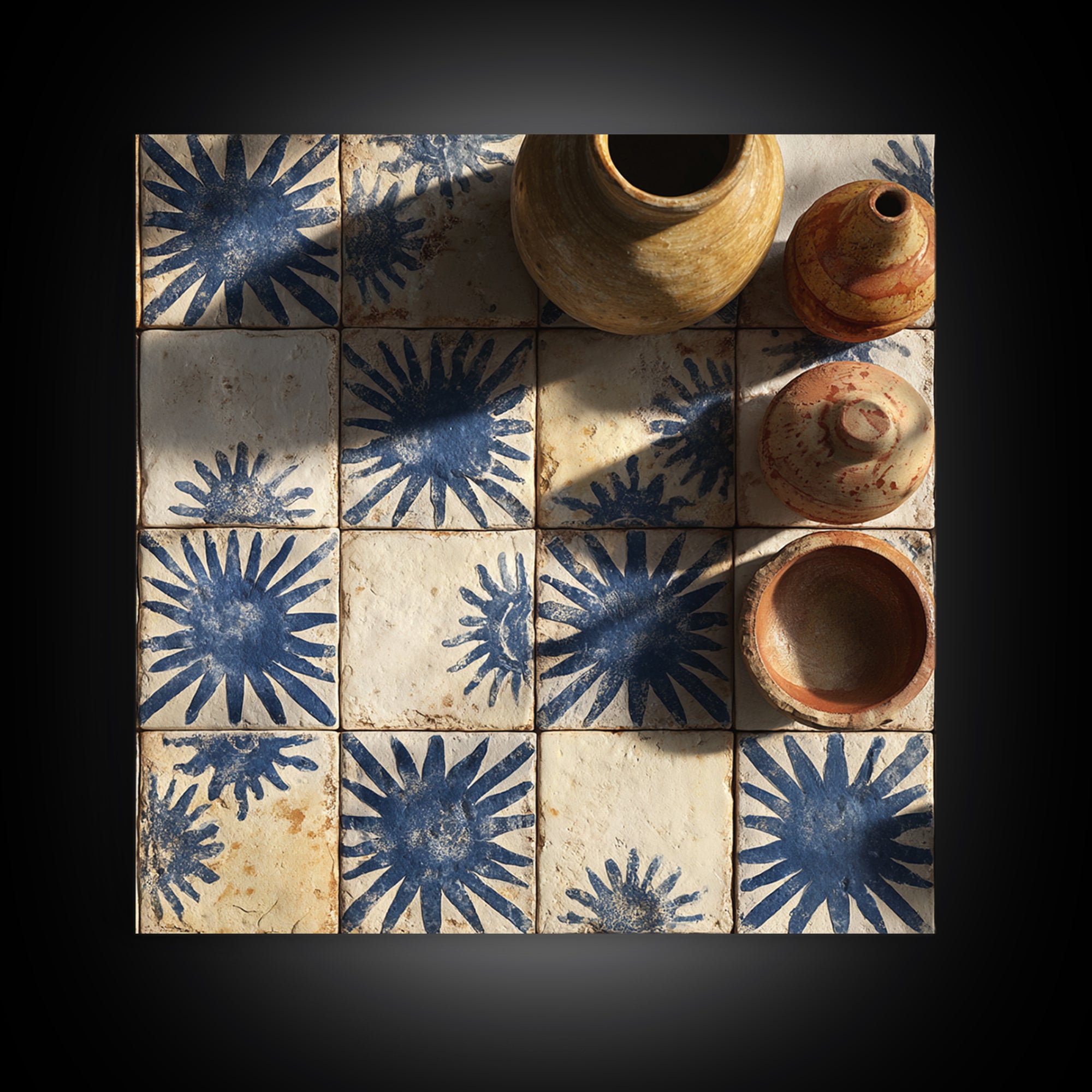 Blue and White Tile Pattern Framed Canvas Print, Mediterranean Art, Travel Poster, Living Room Decor, Watercolor Art, Azure, MAR-1x1-100