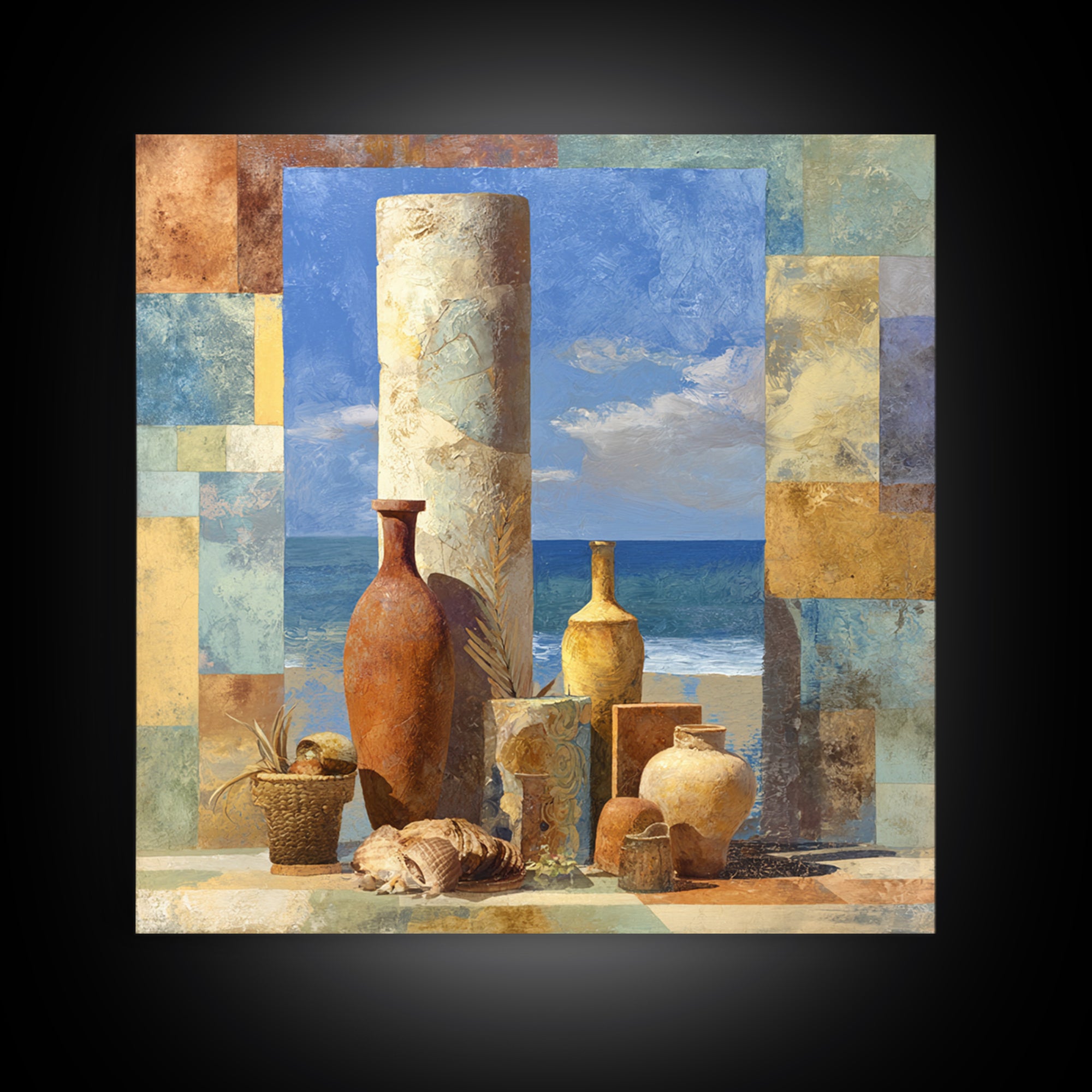 Ancient Column with Sea and Sky Beyond Framed Canvas Print, Mediterranean Art, Oil Painting, Living Room Decor, Fine Art, Azure, MAR-1x1-12