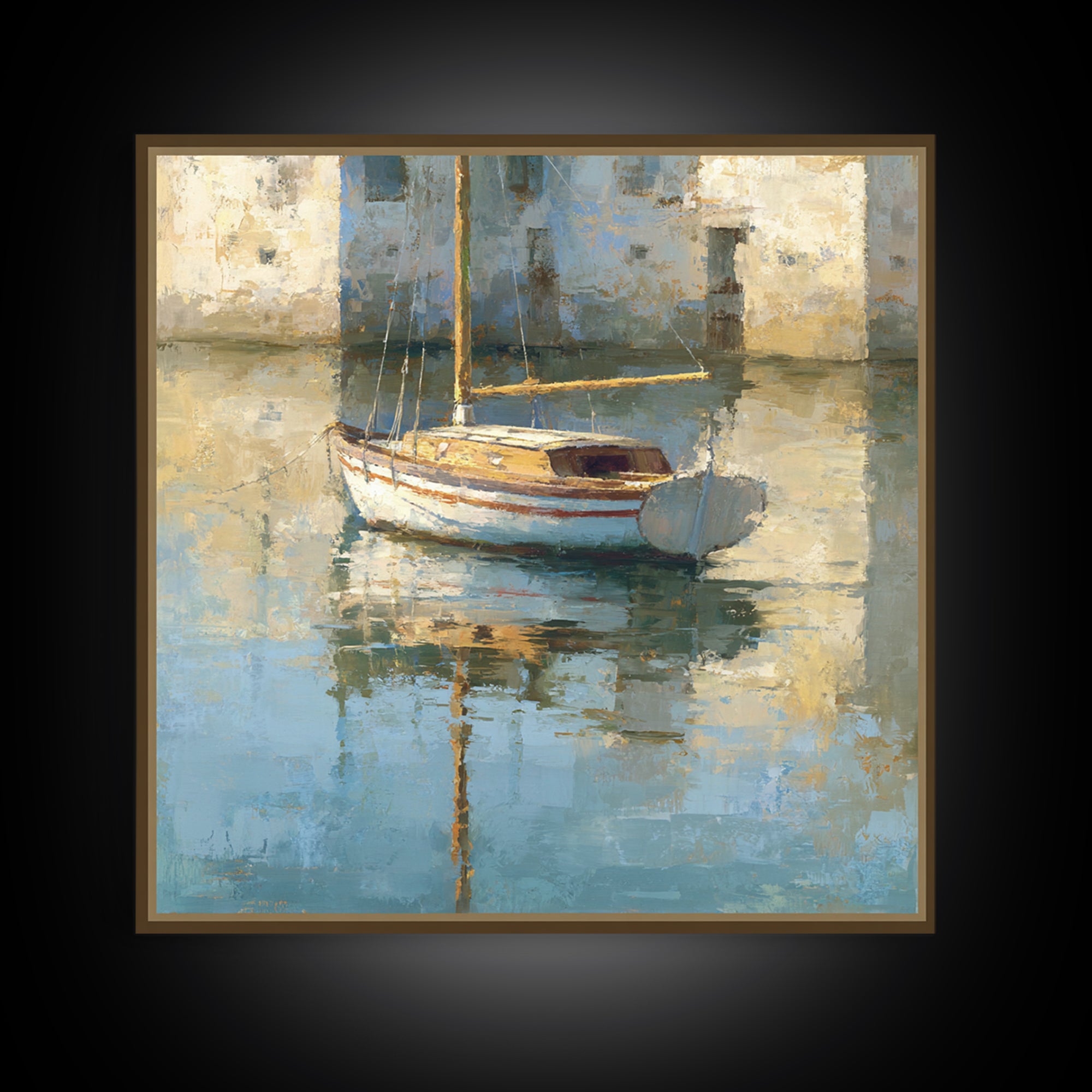 Mediterranean Sailboat on Glassy Water Canvas Print, Mediterranean Art, Watercolor Painting, Living Room Decor, Fine Art, Azure, MAR-1x1-18