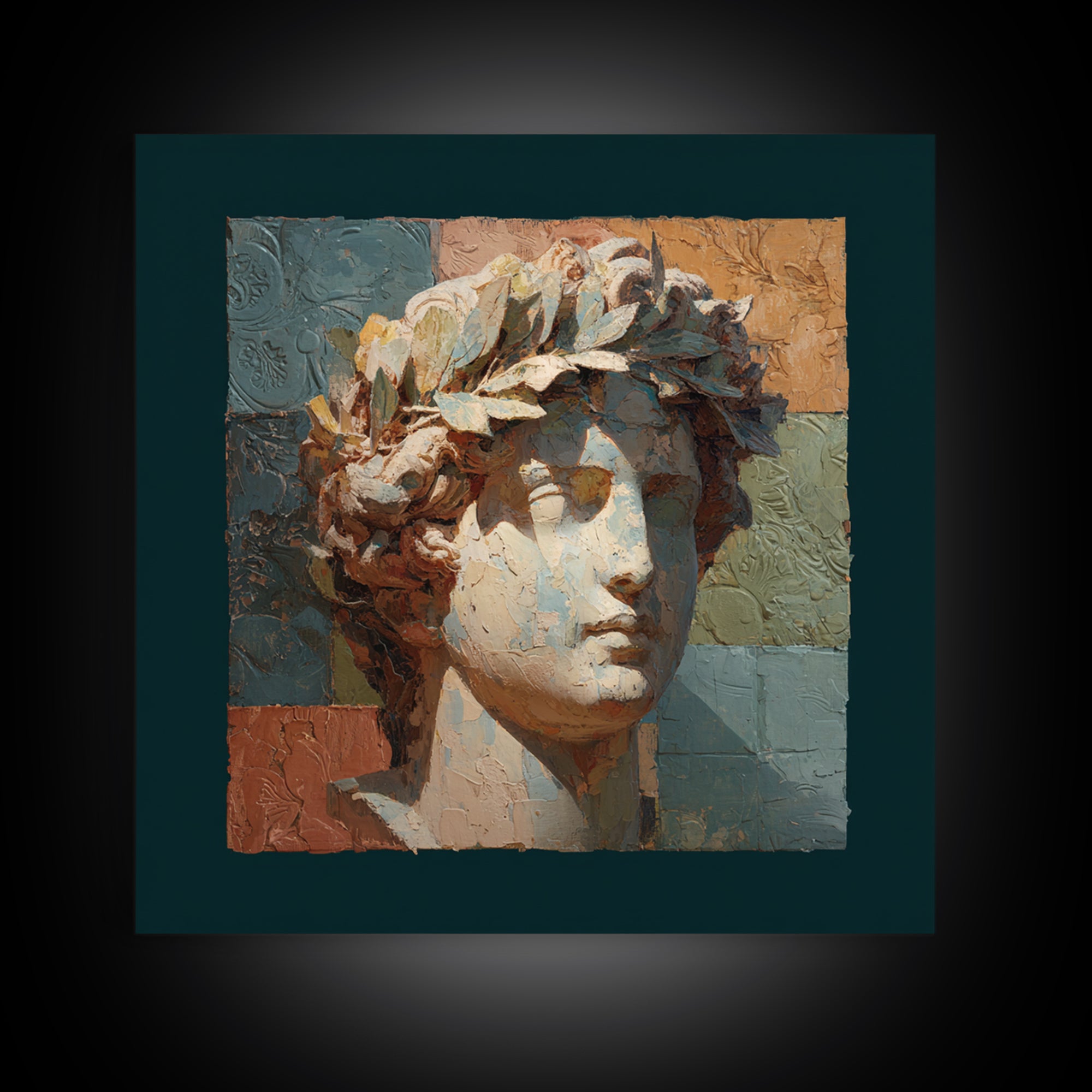 Roman Statue Bust Canvas Print, Mediterranean Art, Modern Wall Art, Living Room Decor, Oil Painting, Azure, Downloadable Art, MAR-1x1-22