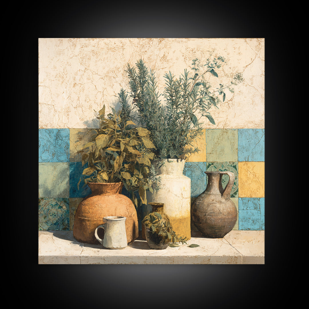 Wild Herbs Rosemary and Thyme Botanical Study Canvas Print, Mediterranean Art, Coastal Art, Living Room Decor, Azure, MAR-1x1-24