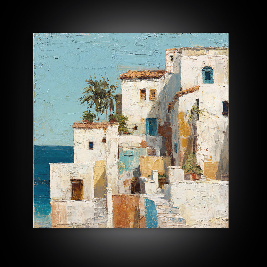 Greek Island White Buildings Above Blue Sea Canvas Print, Mediterranean Art, Beach Prints, Living Room Decor, Fine Art, Azure, MAR-1x1-25