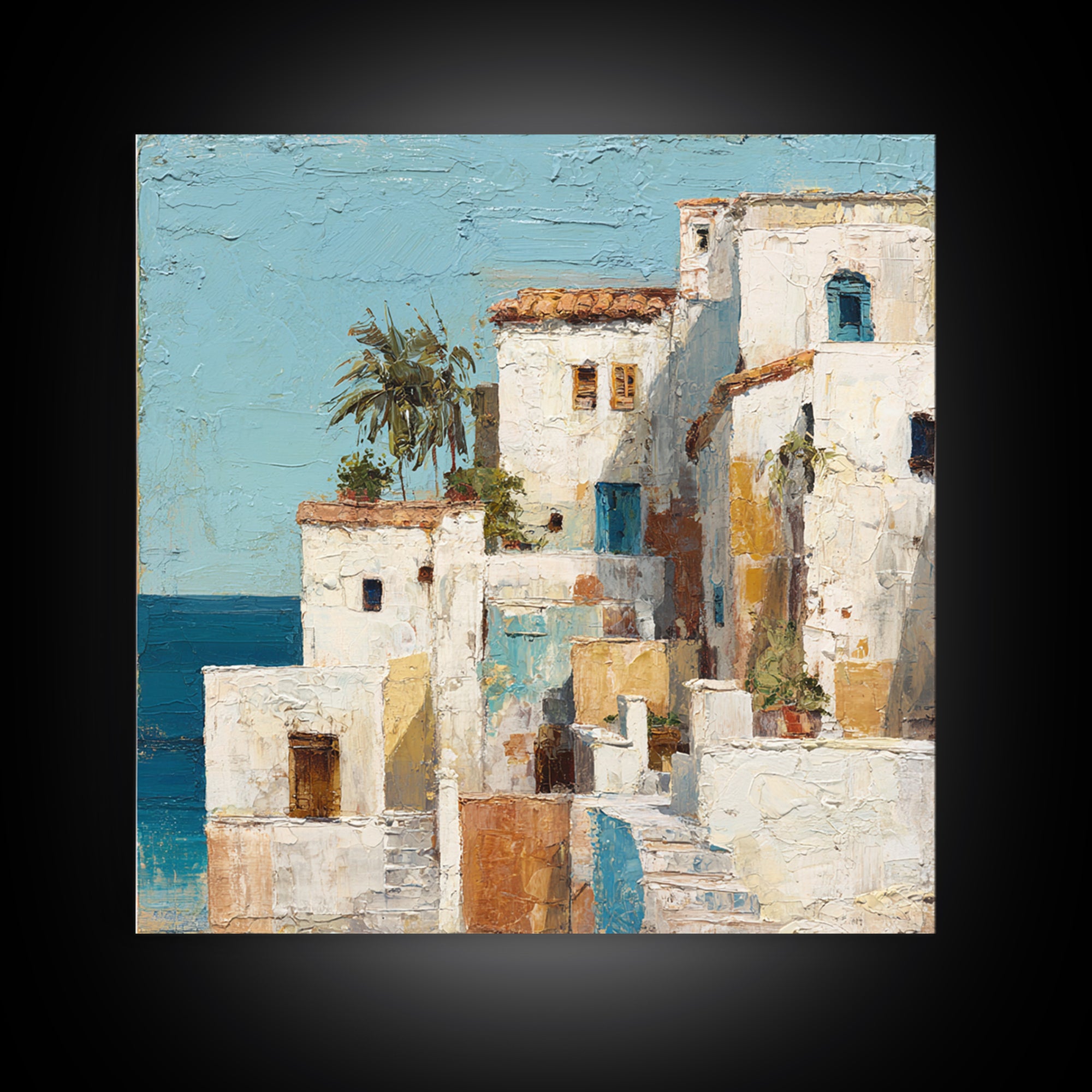 Greek Island White Buildings Above Blue Sea Canvas Print, Mediterranean Art, Beach Prints, Living Room Decor, Fine Art, Azure, MAR-1x1-25