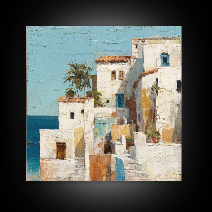 Greek Island White Buildings Above Blue Sea Canvas Print, Mediterranean Art, Beach Prints, Living Room Decor, Fine Art, Azure, MAR-1x1-25