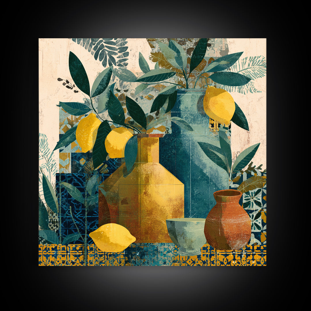 Olive Branch and Lemons on Terracotta Ground Canvas Print, Mediterranean Art, Minimalist Wall Art, Living Room Decor, Azure, MAR-1x1-26