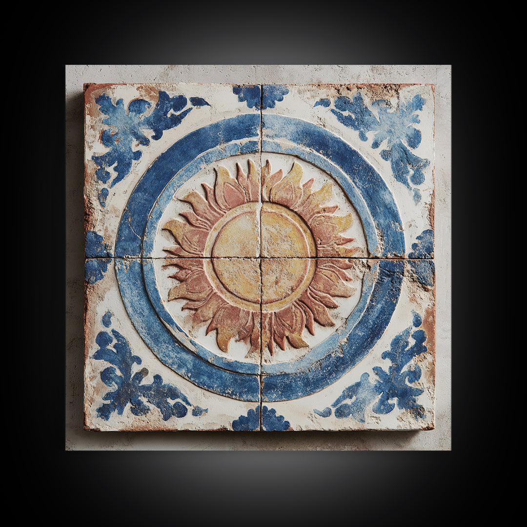 Blue and White Tile Pattern Framed Canvas Print, Mediterranean Art, Digital Print, Living Room Decor, Oil Painting, Azure, MAR-1x1-28