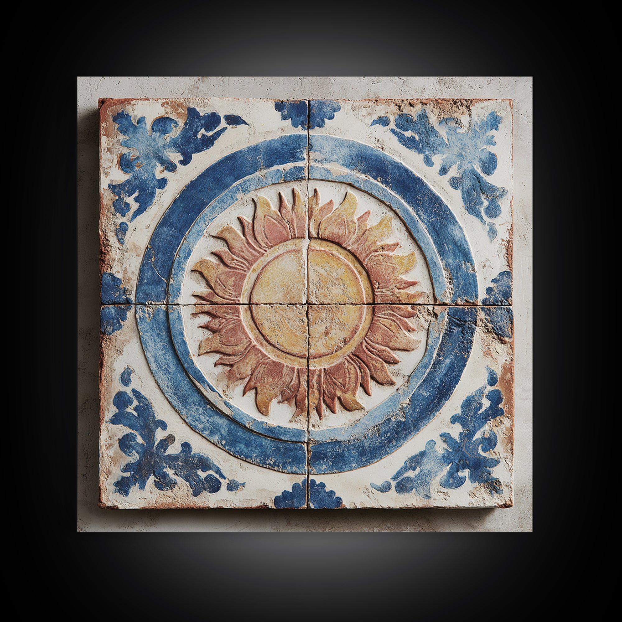 Blue and White Tile Pattern Framed Canvas Print, Mediterranean Art, Digital Print, Living Room Decor, Oil Painting, Azure, MAR-1x1-28
