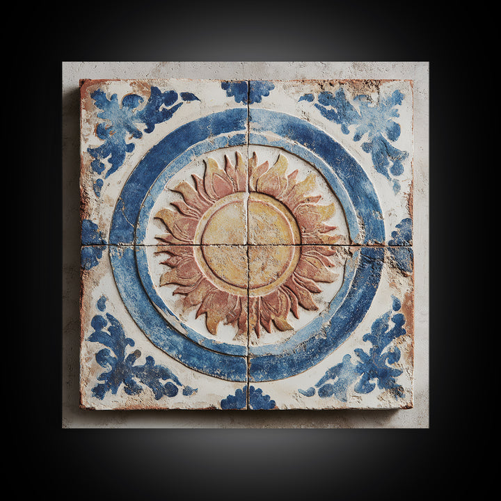 Blue and White Tile Pattern Framed Canvas Print, Mediterranean Art, Digital Print, Living Room Decor, Oil Painting, Azure, MAR-1x1-28