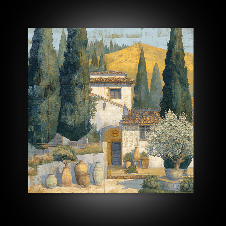 Tuscan Cypress Trees and Golden Hillside Canvas Print, Mediterranean Art, Beach Wall Art, Living Room Decor, Oil Painting, MAR-1x1-30